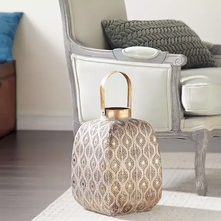 Lanterns>Kirklands Home Distressed Metal Cutout Lantern Gold