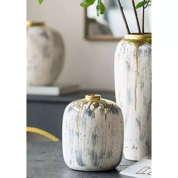 Vases>Kirklands Home Distressed Gray Vase with Gold Splatter, 8 in.