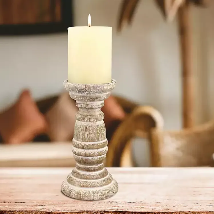 Candle Holders>Kirklands Home Distressed Turned Wood Candle Holder, 8 in. White