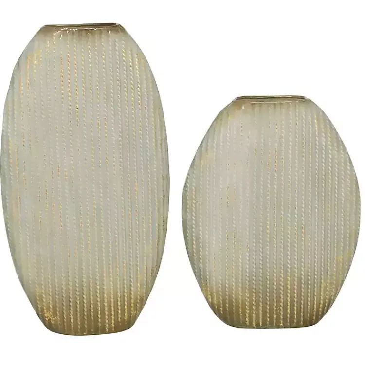 Vases>Kirklands Home Distressed White and Beige Flat Vases, Set of 2
