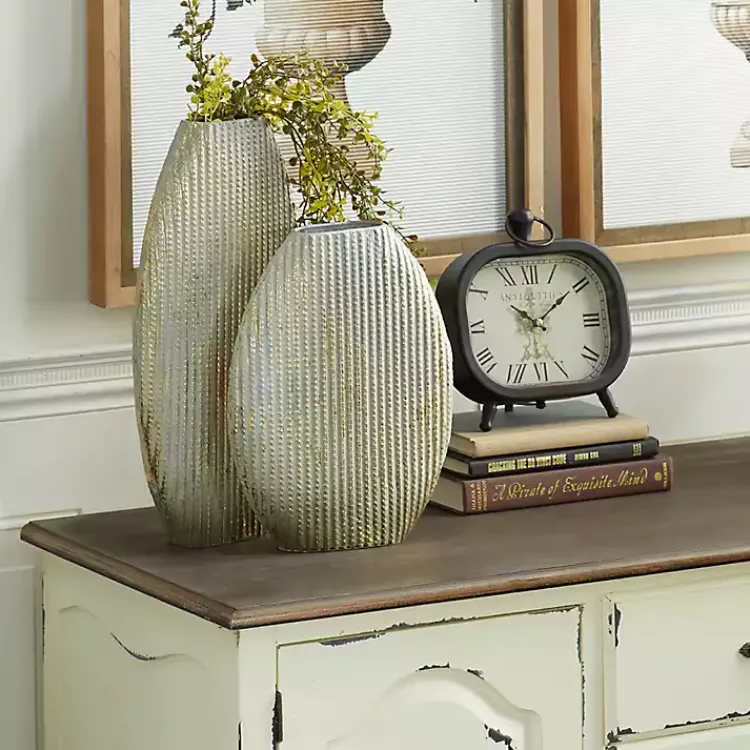 Vases>Kirklands Home Distressed White and Beige Flat Vases, Set of 2