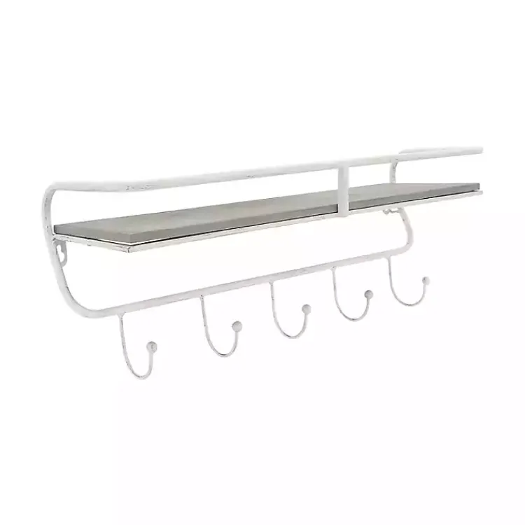 Kirklands Home Distressed White Metal Wall Shelf with Hooks Sale