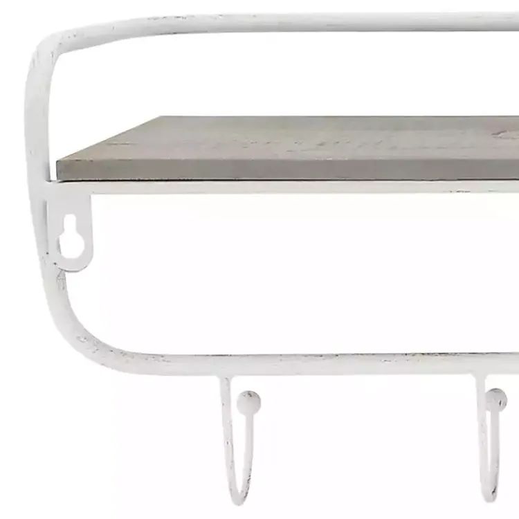 Kirklands Home Distressed White Metal Wall Shelf with Hooks Sale
