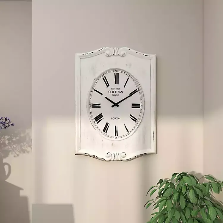 Kirklands Home Distressed White Wood Scroll Wall Clock Sale