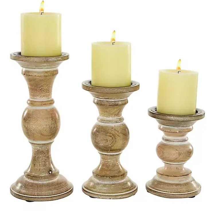 Candle Holders>Kirklands Home Distressed Wood Pillar Candle Holders, Set of 3 Brown