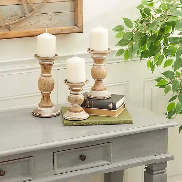 Candle Holders>Kirklands Home Distressed Wood Pillar Candle Holders, Set of 3 Brown