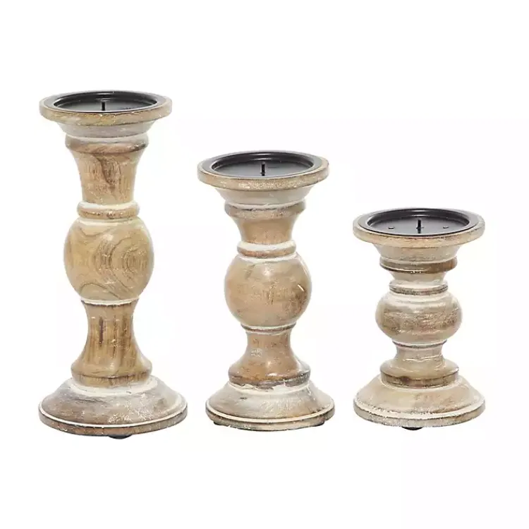 Candle Holders>Kirklands Home Distressed Wood Pillar Candle Holders, Set of 3 Brown