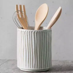 Kirklands Home Earthy Embossed Lines Utensil Crock White Outlet