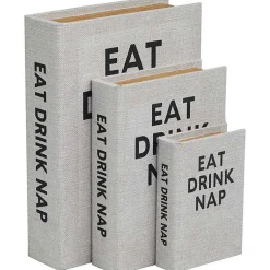 Baskets & Boxes>Kirklands Home Eat, Drink, Nap Linen Book Boxes, Set of 3 Gray