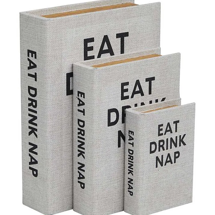 Baskets & Boxes>Kirklands Home Eat, Drink, Nap Linen Book Boxes, Set of 3 Gray