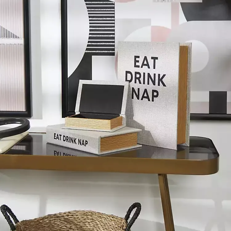 Baskets & Boxes>Kirklands Home Eat, Drink, Nap Linen Book Boxes, Set of 3 Gray