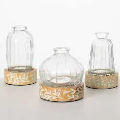 Vases>Kirklands Home Embossed Wood and Glass Vases, Set of 3