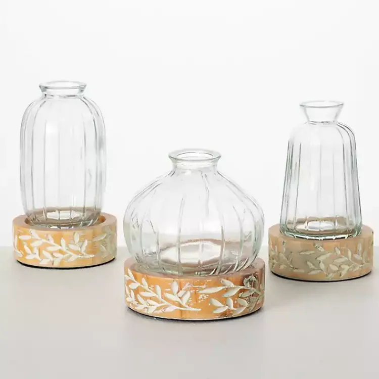 Vases>Kirklands Home Embossed Wood and Glass Vases, Set of 3
