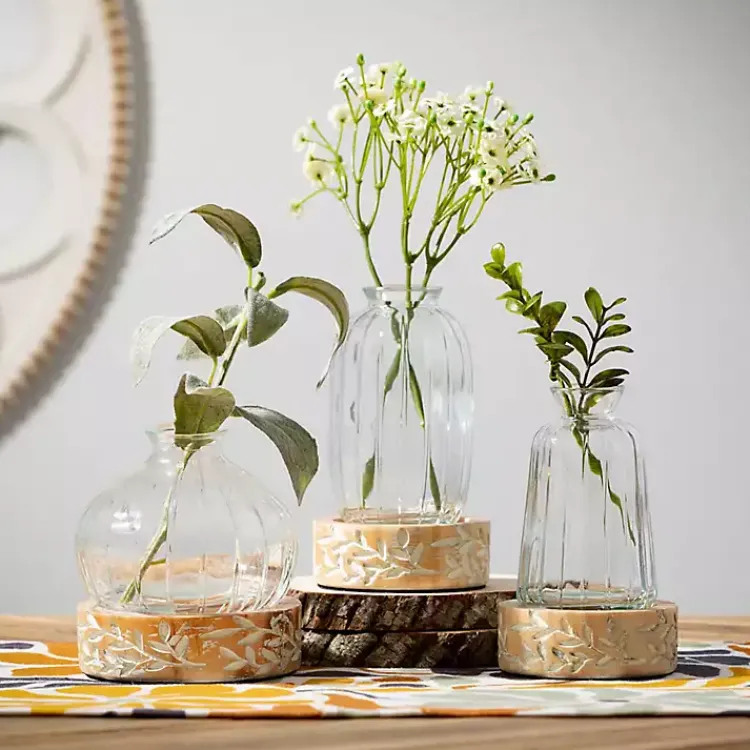Vases>Kirklands Home Embossed Wood and Glass Vases, Set of 3