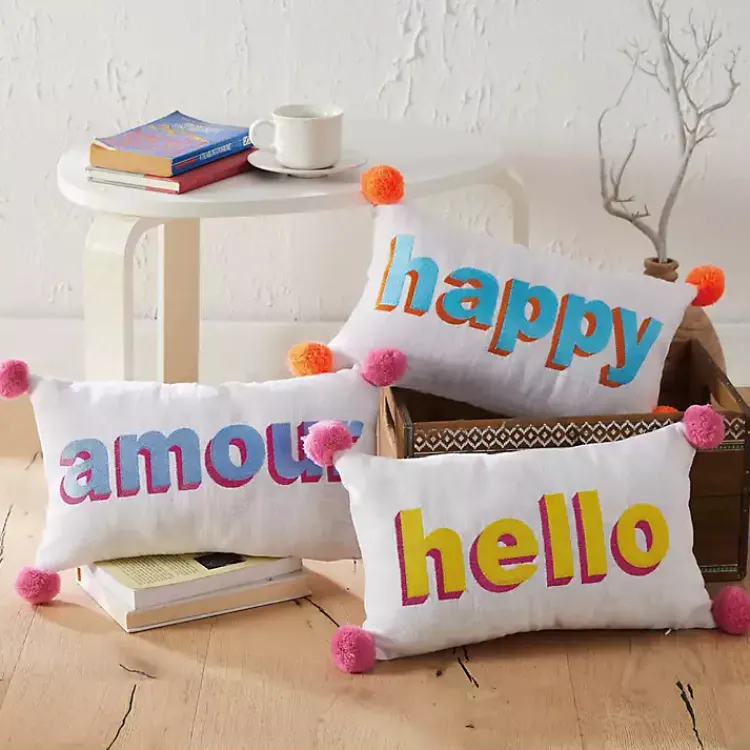 Pillows>Kirklands Home Embroidered Happy Pom Pom Lumbar Pillow