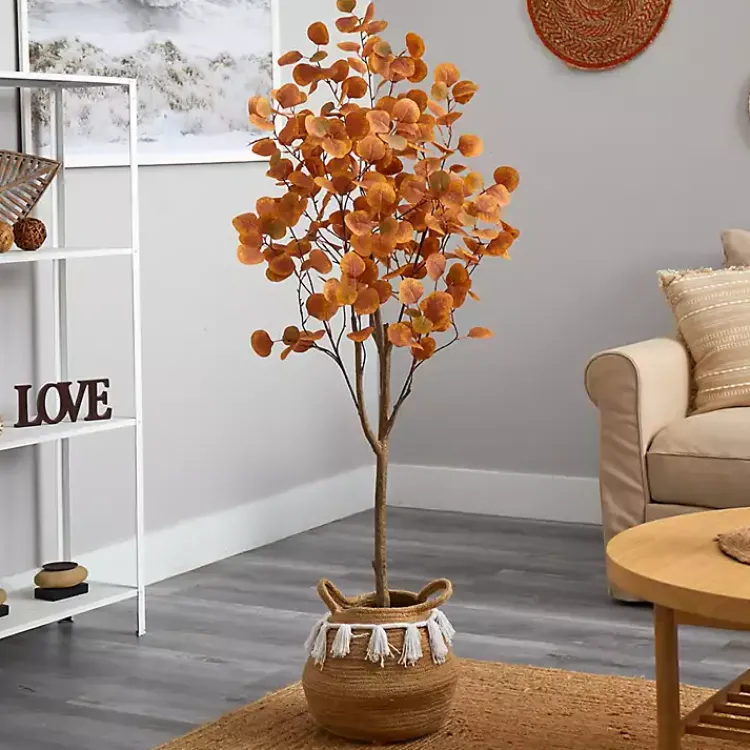 Trees & Topiaries>Kirklands Home Fall Eucalyptus Tree in Woven Planter, 5 ft. Orange