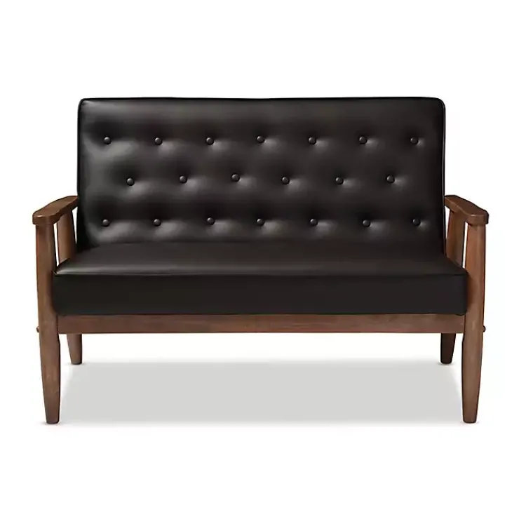 Kirklands Home Faux Leather and Rubberwood Loveseat, 49 in. Brown New