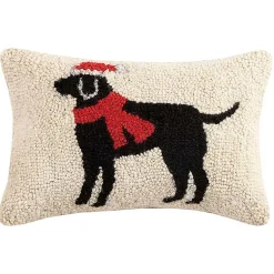 Christmas Pillows>Kirklands Home Festive Black Lab Hooked Wool Lumbar Pillow