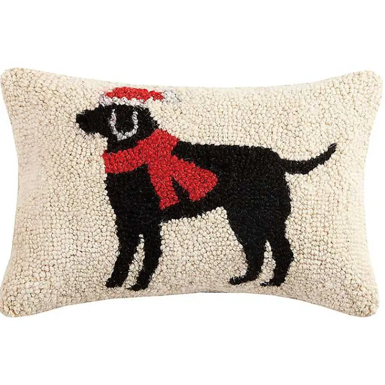 Christmas Pillows>Kirklands Home Festive Black Lab Hooked Wool Lumbar Pillow