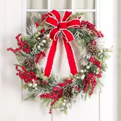 Wreaths>Kirklands Home Flocked Berries Wreath with Red Bow