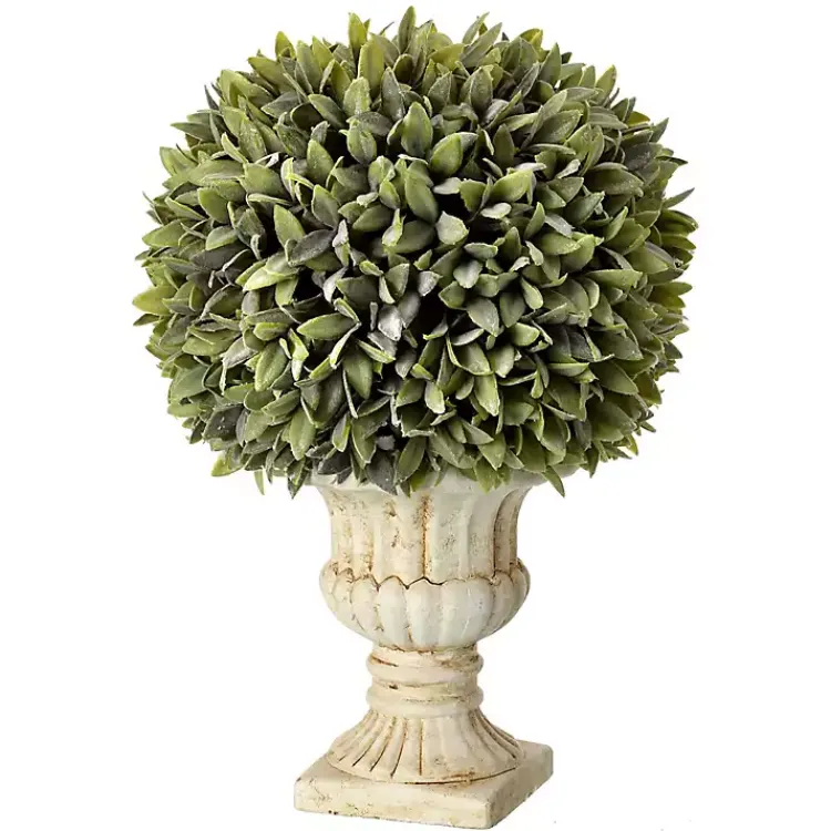 Trees & Topiaries>Kirklands Home Flocked Sage Ball in Urn Arrangement, 15 in. Green