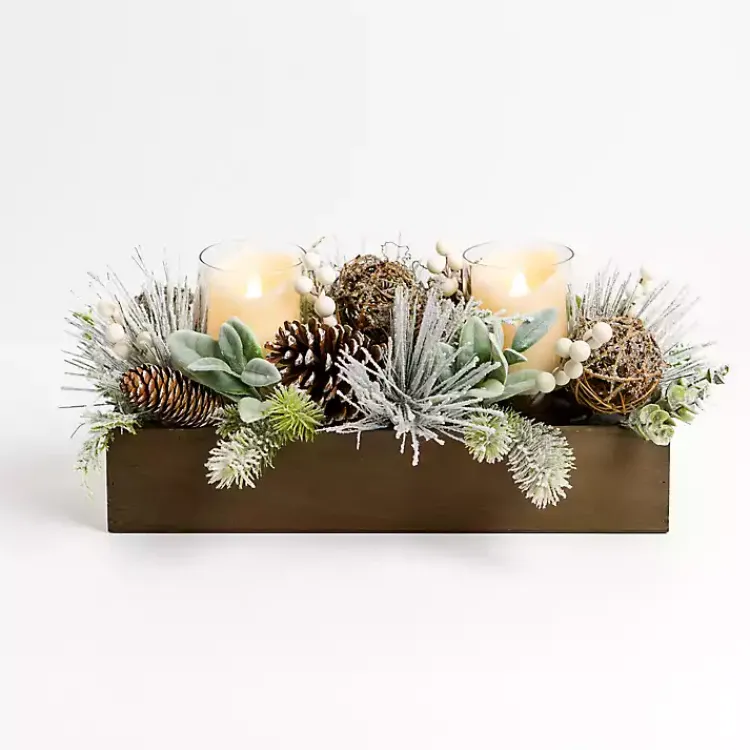 Christmas Centerpieces>Kirklands Home Flocked Berry Rattan Candle Centerpiece White