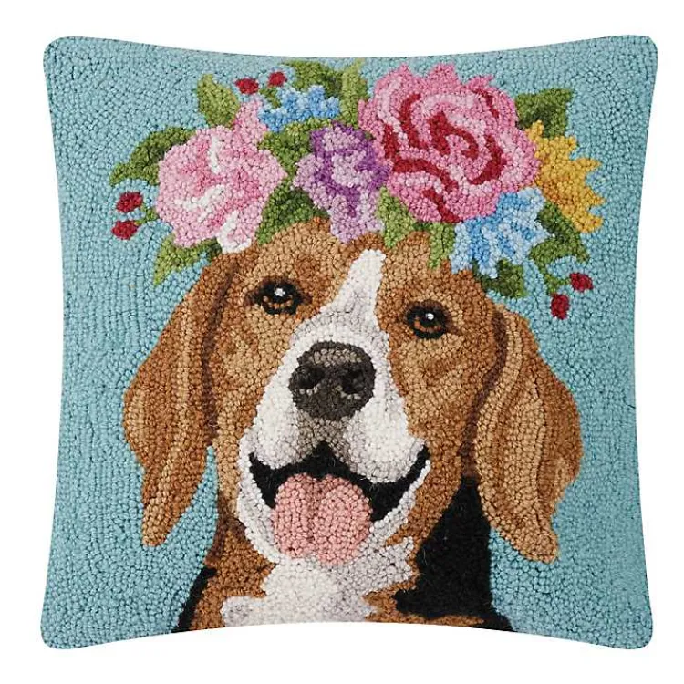 Pillows>Kirklands Home Floral Beagle Hooked Throw Pillow Blue