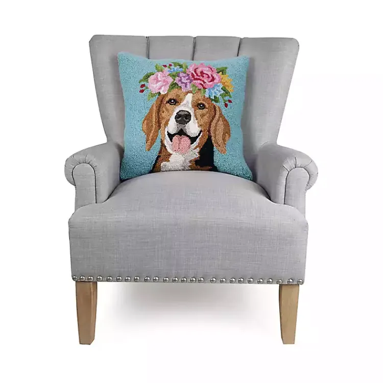 Pillows>Kirklands Home Floral Beagle Hooked Throw Pillow Blue