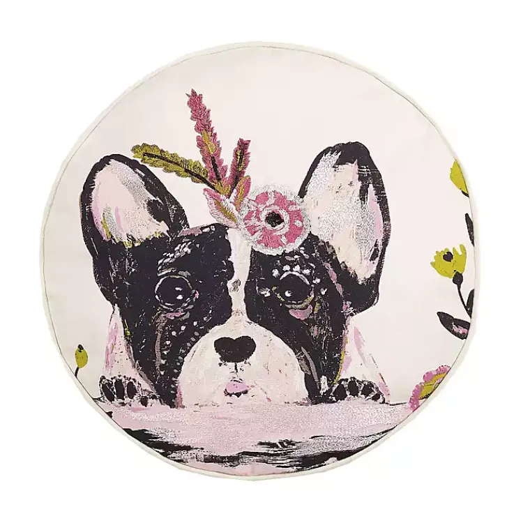 Pillows>Kirklands Home Floral Frenchie Embroidered Round Pillow