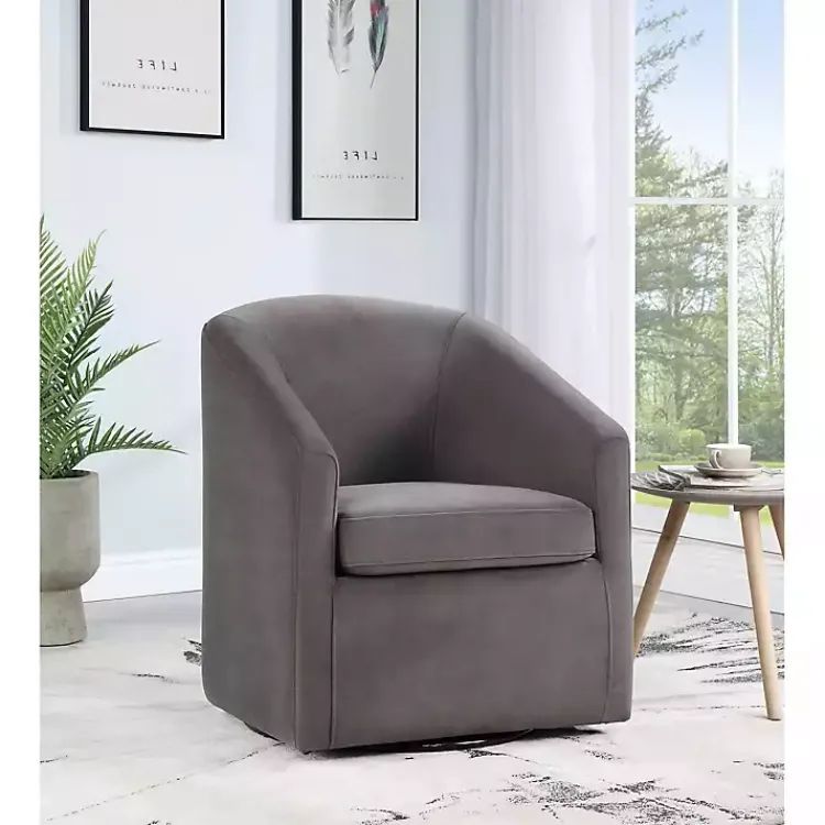 Kirklands Home Fog Velvet Swivel Barrel Accent Chair Gray Outlet