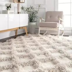 Kirklands Home Francis Diamond Shaggy Area Rug, 6x9 White Outlet