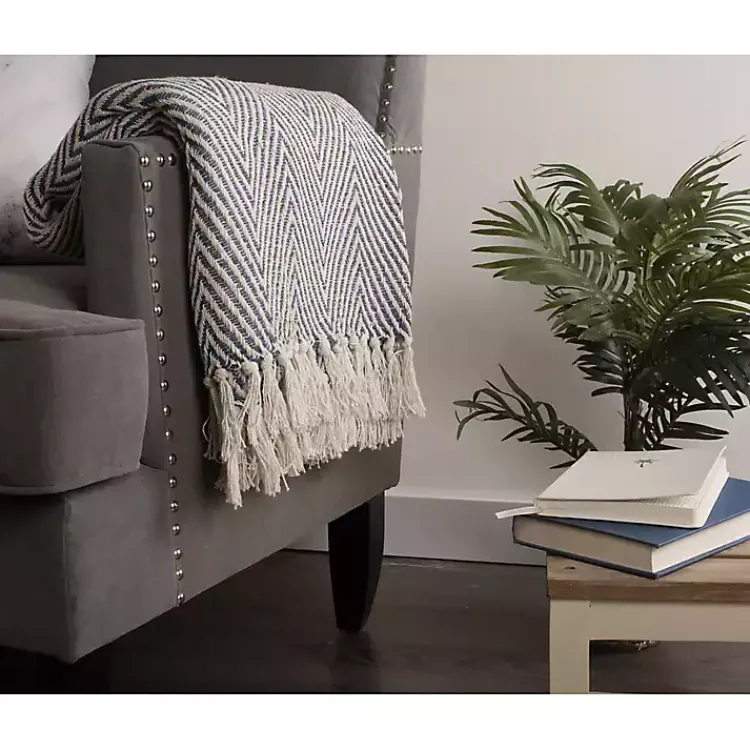 Blankets & Throws>Kirklands Home French Chevron and Fringe Throw Blue
