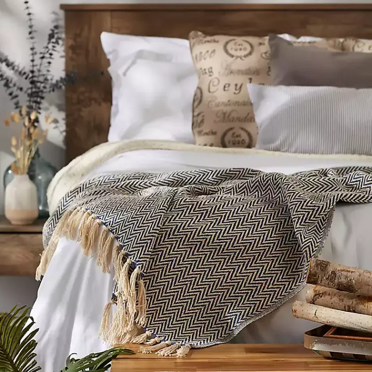 Blankets & Throws>Kirklands Home French Chevron Fringe Throw Blue