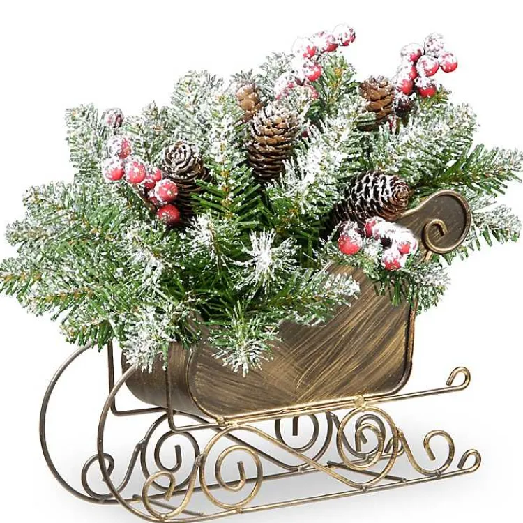 Christmas Arrangements & Garland>Kirklands Home Frosted Fir Christmas Arrangement in Gold Sleigh