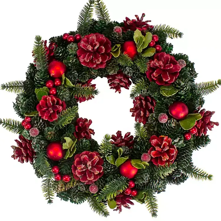 Wreaths>Kirklands Home Frosted Red Ornament and Pinecone Wreath