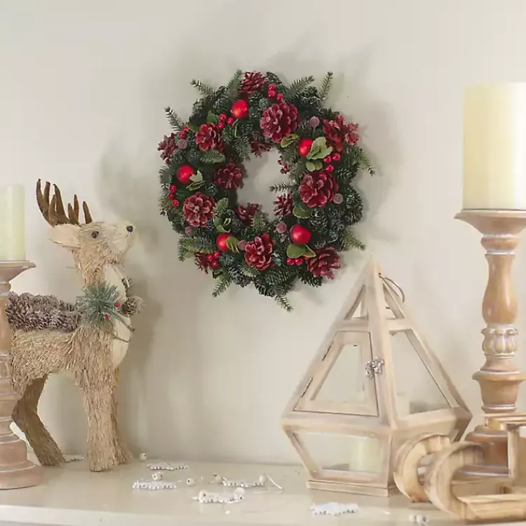 Wreaths>Kirklands Home Frosted Red Ornament and Pinecone Wreath