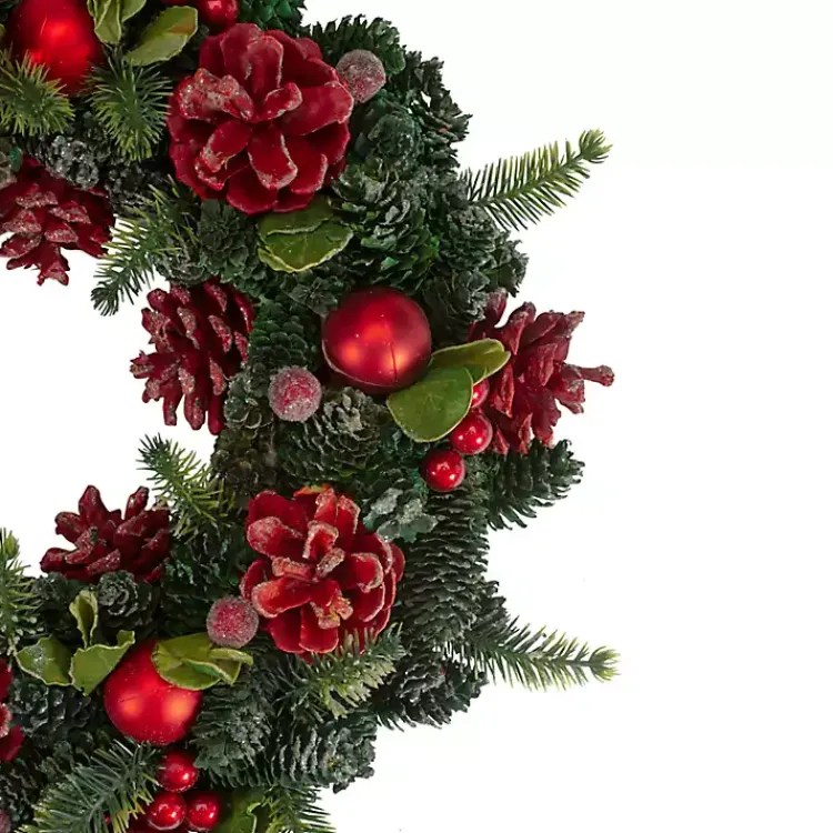 Wreaths>Kirklands Home Frosted Red Ornament and Pinecone Wreath