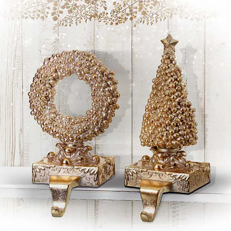 Christmas Stockings & Stocking Holders>Kirklands Home Gilded Tree and Wreath Stocking Holders, Set of 2 Gold