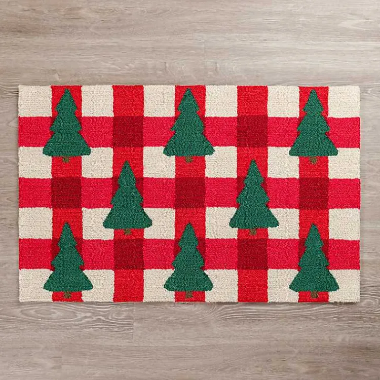 Christmas Decorations>Kirklands Home Gingham Trees Hooked Floor Mat