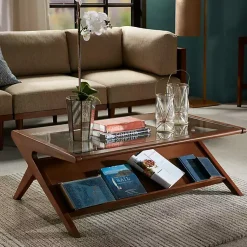 Kirklands Home Glass and Walnut Wood Angled Coffee Table Brown Best