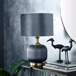 Kirklands Home Glass Base Round Velvet Shade Table Lamp Blue