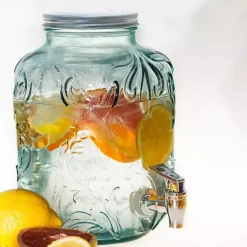 Kirklands Home Glass Embossed Mason Jar Beverage Dispenser Blue New