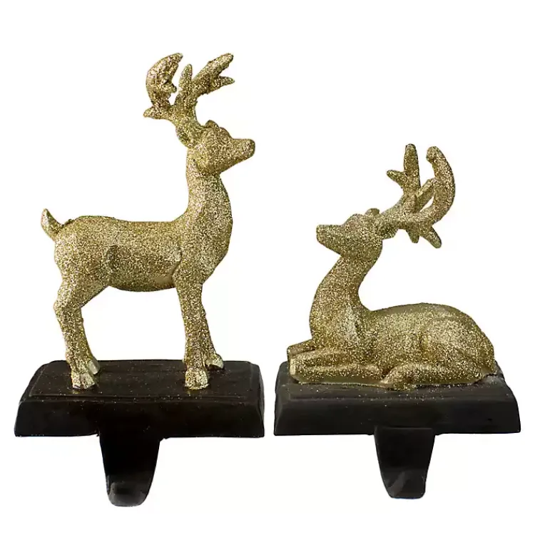 Christmas Stockings & Stocking Holders>Kirklands Home Glittery Gold Reindeer Stocking Holders, Set of 2