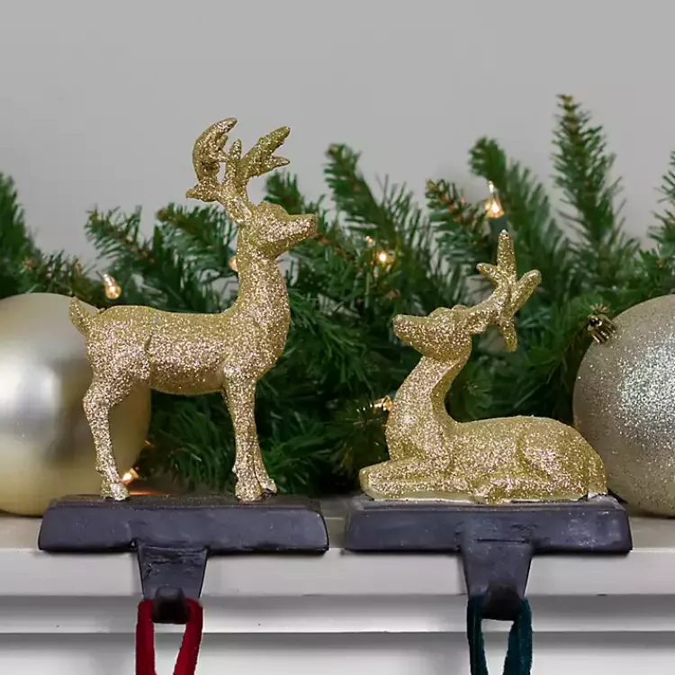 Christmas Stockings & Stocking Holders>Kirklands Home Glittery Gold Reindeer Stocking Holders, Set of 2