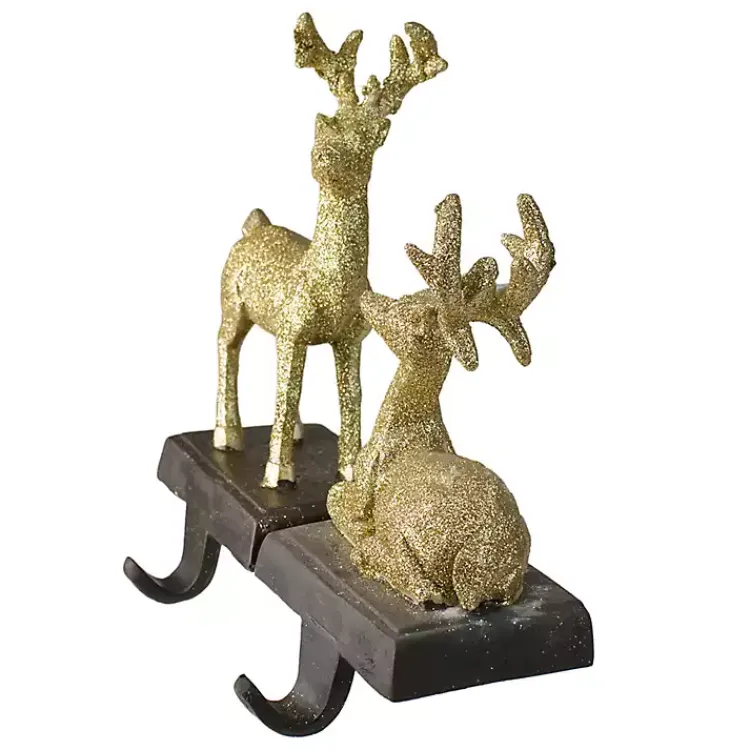 Christmas Stockings & Stocking Holders>Kirklands Home Glittery Gold Reindeer Stocking Holders, Set of 2