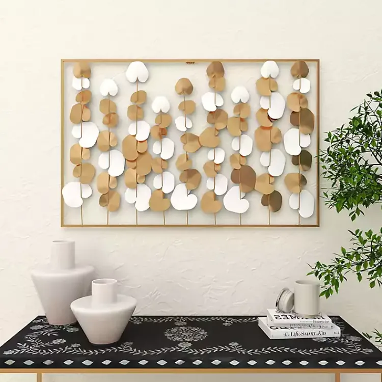 Kirklands Home Glossy Gold Leaves Framed Wall Plaque New