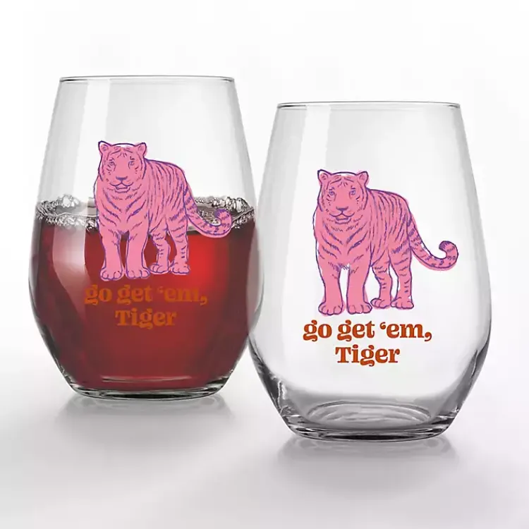 Kirklands Home Go Get 'Em, Tiger Stemless Wine Glasses, Set of 2 Pink