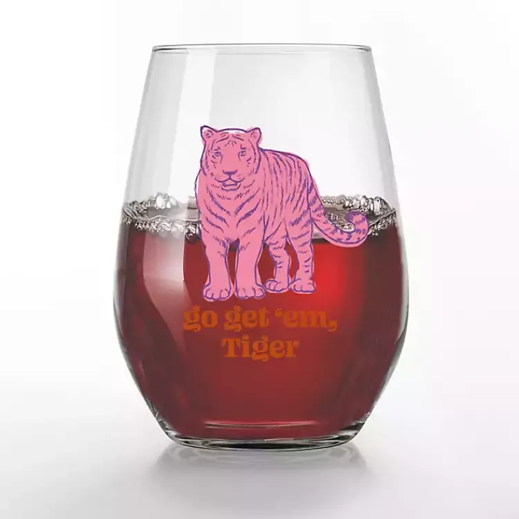 Kirklands Home Go Get 'Em, Tiger Stemless Wine Glasses, Set of 2 Pink