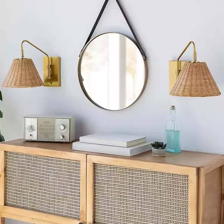 Sconces>Kirklands Home Gold and Rattan Wall Sconce
