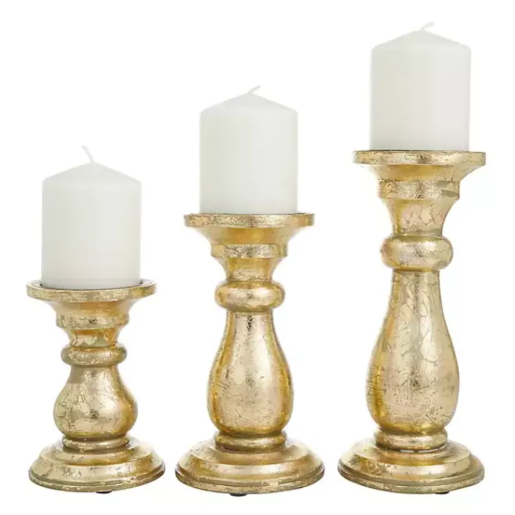 Candle Holders>Kirklands Home Distressed Wood Candle Holders, Set of 3 Gold